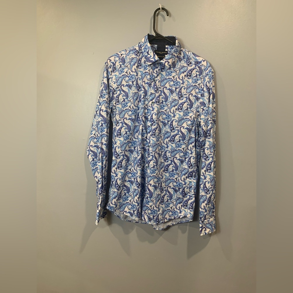 Blue and White Paisley Casual Button Down Shirt